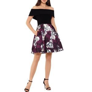 BETSY & ADAM Womens Black Off Shoulder Mini Fit + Flare Formal Dress